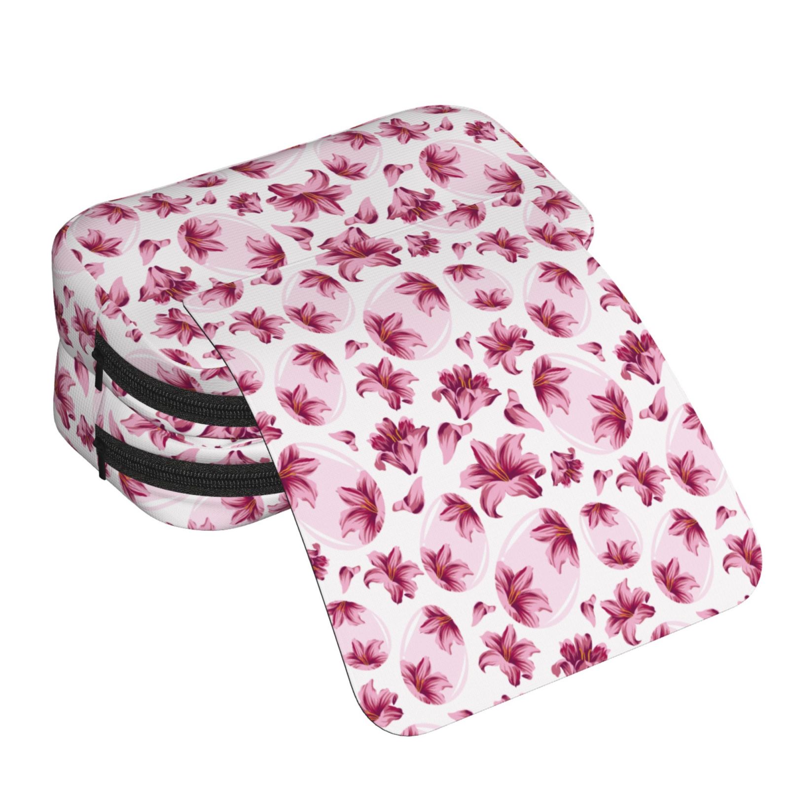 Rateoe Lilies Flowers Pattern Double Clamshell Pen Case, Storage Organizer with Two Zipper Compartments– Holds Up to 50 Pencils & Pens