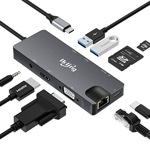 3.5mm USB C Hub Multiport Adapter Type-C +VGA Plug and Play +Audio 10‑in‑1 Docking Station Adapter with USB3.03+HDMI 4K+TF+SD+RJ45 Gigabit Network Card+PD