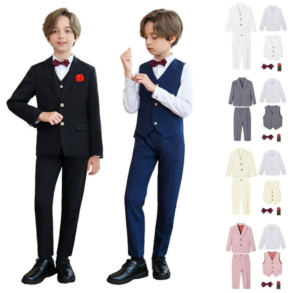 MKOSPLRT Boys Formal Suits Slim Fit 6 Piece Kids Suit Jacket Pants Set with Dress Shirt Bow Tie and Pocket Square for Wedding Prom