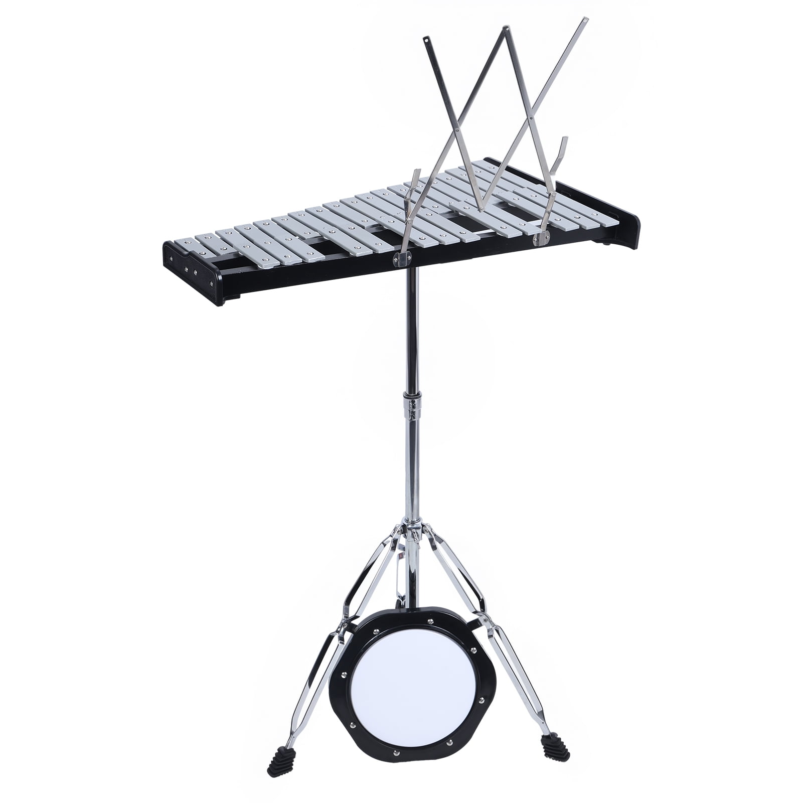 32 Notes Glockenspiel Kit, Aluminum Plate Xylophone Bell Percussion Instruments with Adjustable Height Stand, Practice Pad Mallets & Wooden Drumsticks, Portable Carrying Bag