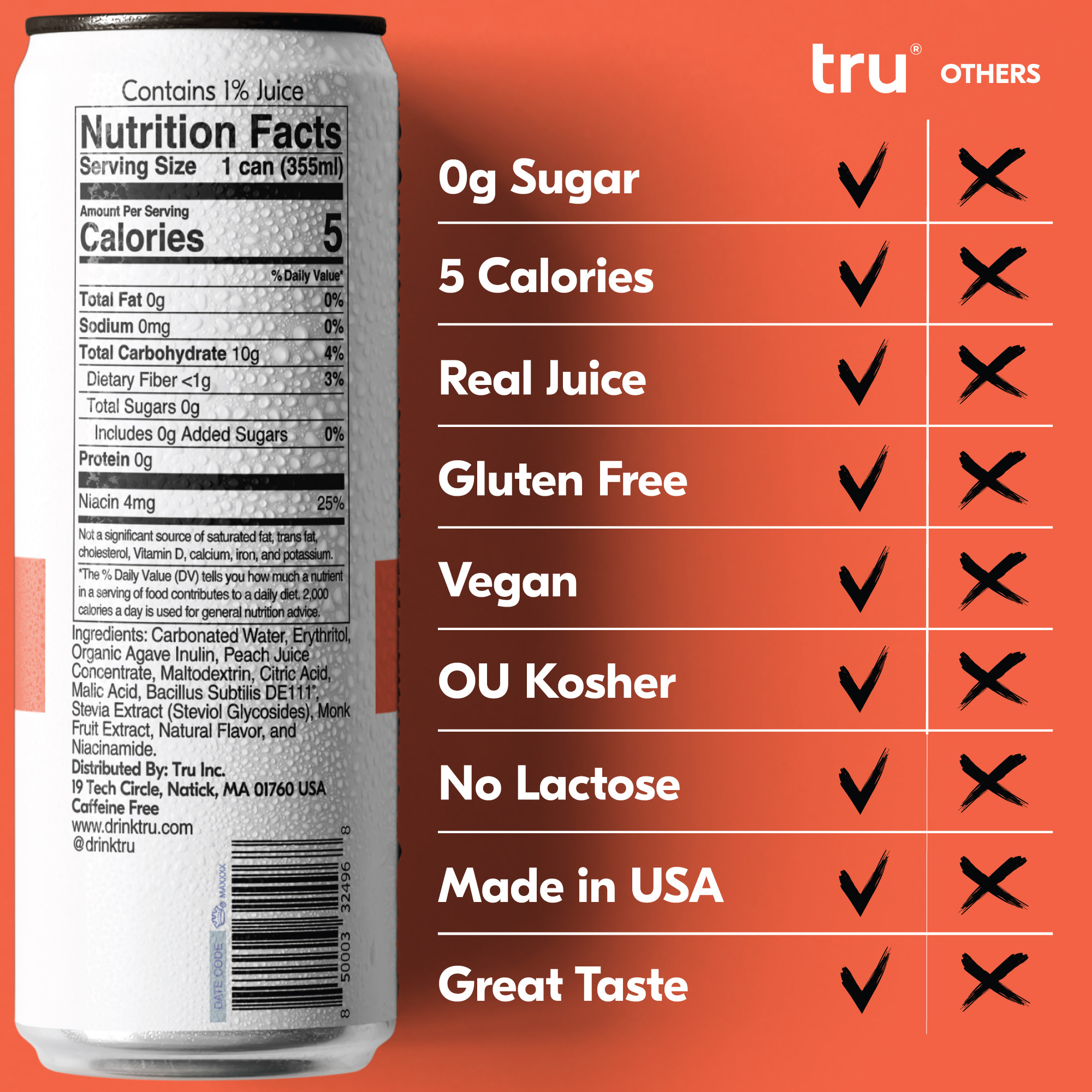 Tru Gut Sparking Water Peach Flavored Prebiotic Drink 12 Pack 12 oz