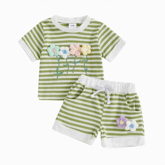Leey-World Toddler Girl Bow Ribbed Outfit Ruffle Short Sleeve T-shirt Shorts 2 Piece Spring Summer Cute Casual Clothes Set(Green,6-9 Months)