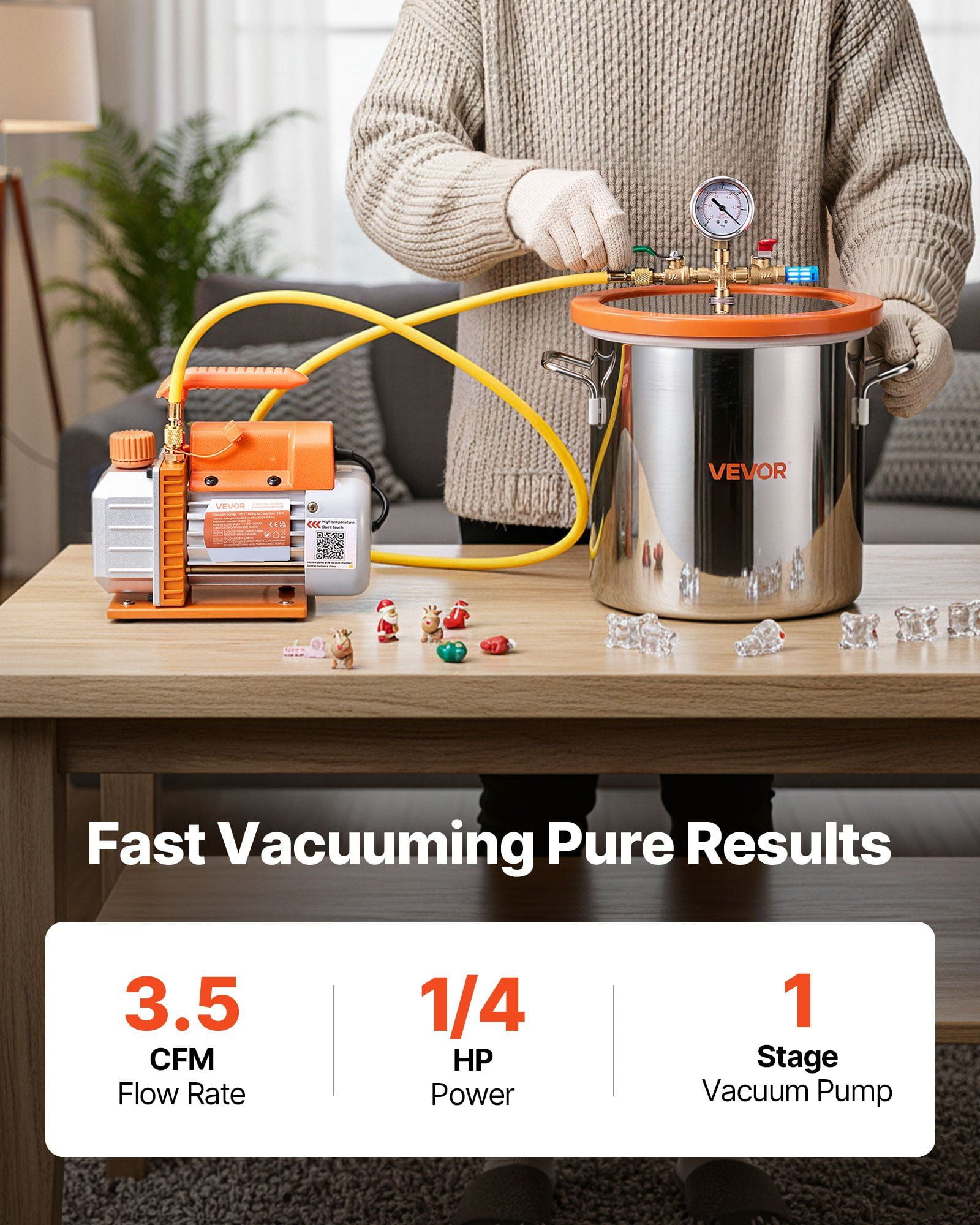 3 Gallon Vacuum Chamber with Pump, 3.5 CFM, Single Stage Vacuum Pump, Stainless Steel Degassing Chamber Kit with Tempered Glass Lid, 5 ft Hose, for Stabilizing Wood Degassing Silicone Resin