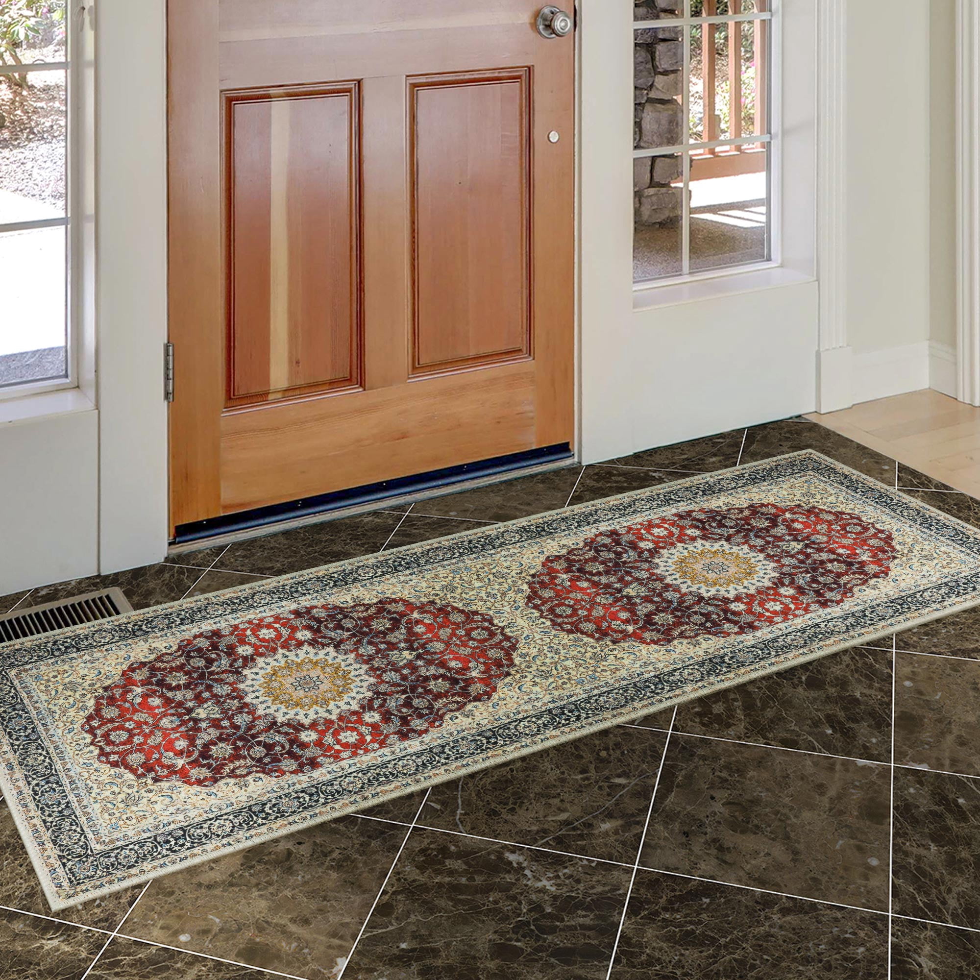 Ottomanson Machine Washable Cotton 2x5 Flatweave Runner Rug for Bedroom, 20" x 59", Red Medallion