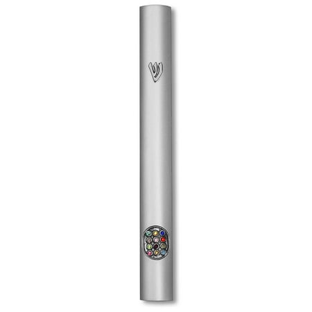 Aluminum Silver-Tone Classic Mezuzah Case Attached Shin Hoshen Multicolor CZ, 6"