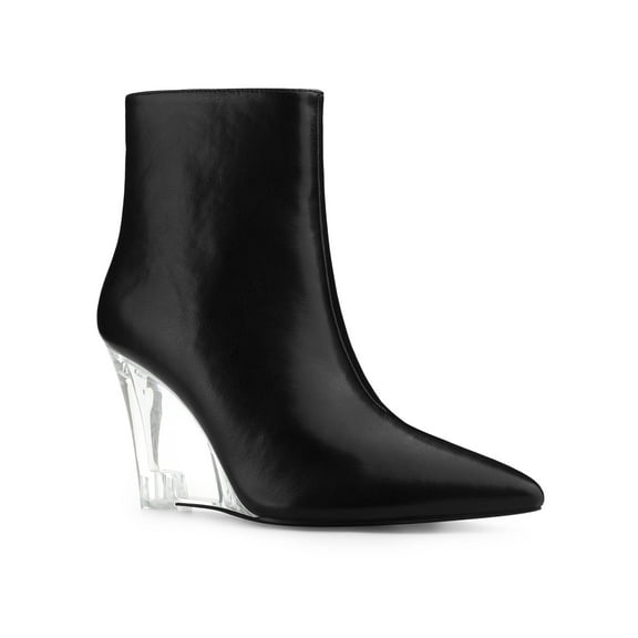 BLISSFUL STEP Women's Ankle Boots Clear Heel Pointed Toe Wedge Heels Faux Leather Booties Black 7