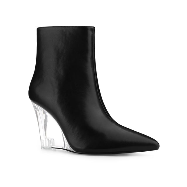 BLISSFUL STEP Bottines à Talon Compensé à Bout Pointu à Talon Transparent pour Femmes Noir (Taille 7)