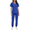 thumbnail image 2 of Women's Solid Color Scrubs Set, Mandarin V-Neck Short Sleeve Top with Pocket & Drawstring Jogger Pants, Comfortable Medical Workwear for Nurses, Healthcare Workers & Dental Hygienists, 2 of 9