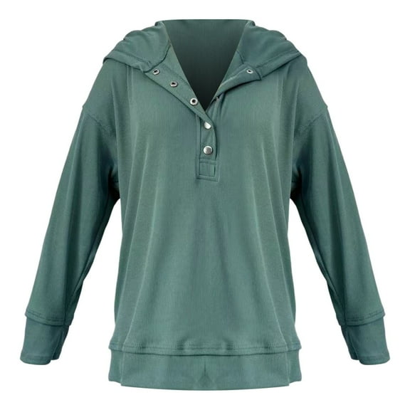 XIAOCHA Womens Hoodies Button V Neck Loose Long Sleeves Pullover Hoodie Relaxed Fit Solid Color Oversized Hooded Sweatshirt Streetwear Green