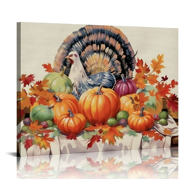 JRXY Printed on Canvas Wall Art Autumn Pumpkin Turkey Thanksgiving Prints Stretched and Framed Farm Maple Leaves Eucalyptus Picture Artworks for Living Room Kitchen Bedroom 20x16in