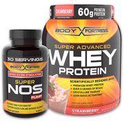 Body Fortress Super Advanced 2lb Strawberry Whey Protein Powder + 90ct Super Nos Pump Nitric Oxide Stimulator Bundle