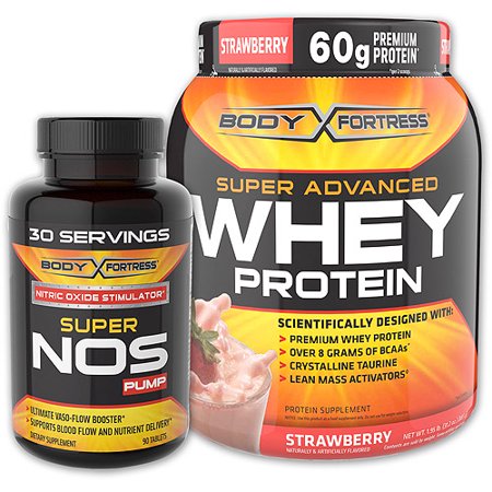 Body Fortress Super Advanced 2lb Strawberry Whey Protein Powder + 90ct Super Nos Pump Nitric Oxide Stimulator Bundle