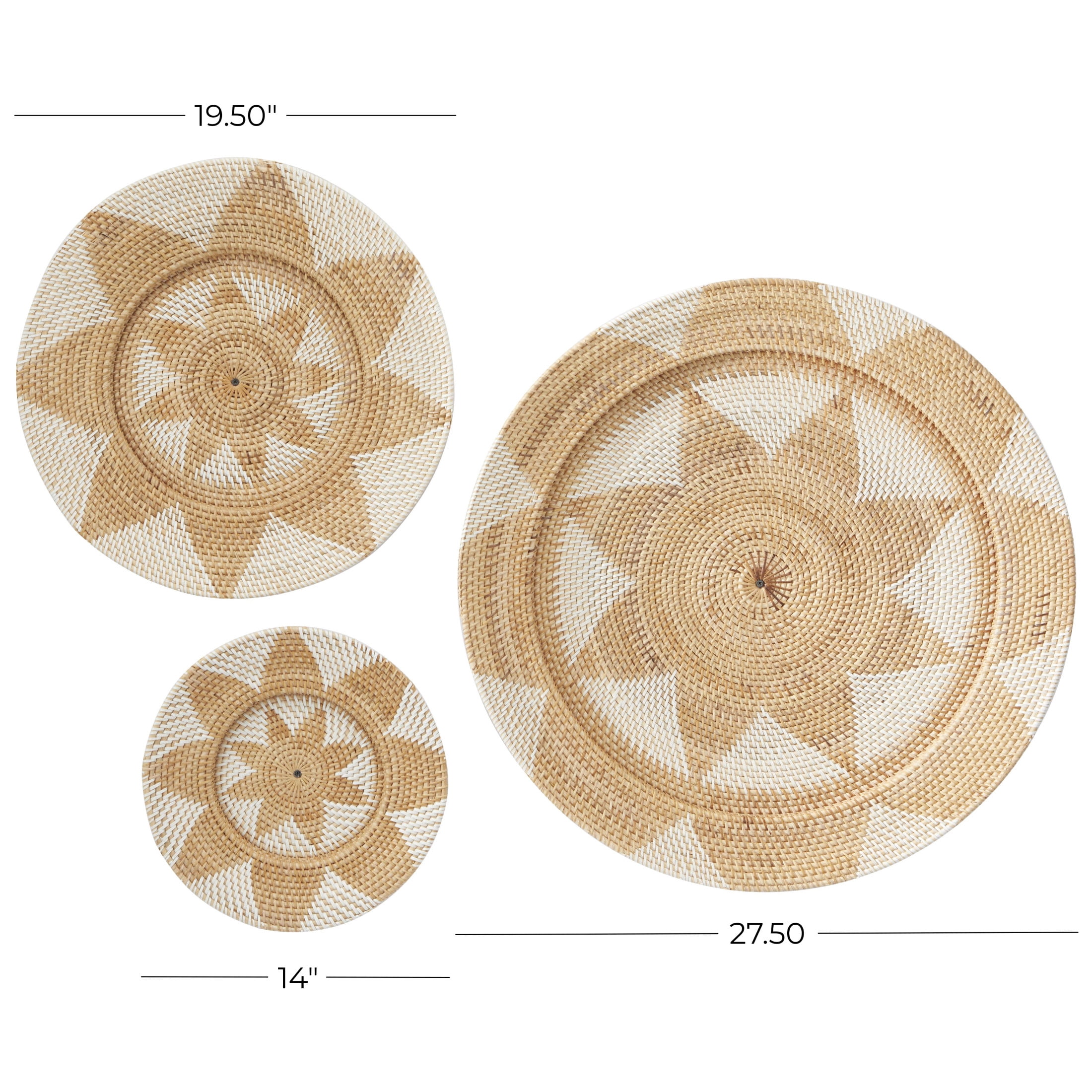 DecMode Light Brown Rattan Handmade Woven Floral Basket Plate Wall Decor (3 Count)