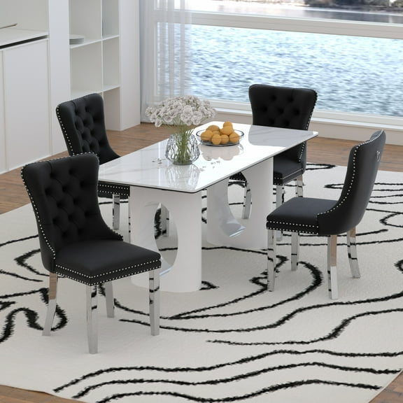 Sumdeal 71" White base White Sintered Stone Dining Table with 4 Black Velvet Upholstered Chairs