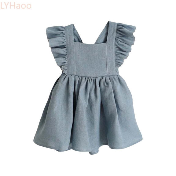 LYHaoo Toddler Girl Summer Fly Sleeve Linen Cotton Solid Print Dress Ruffle Cute Girls Princess Backless Dress,Girls A Line Dresses Sizes 2-3 Years Blue