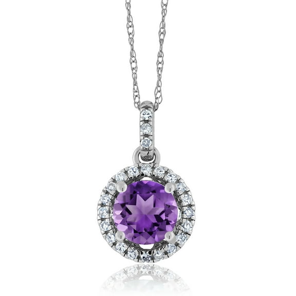 Gem Stone King 14K White Gold Purple Amethyst and White Diamond Pendant Necklace for Women (0.87 Cttw, Gemstone Birthstone, Round 6MM, with 18 inch Chain)