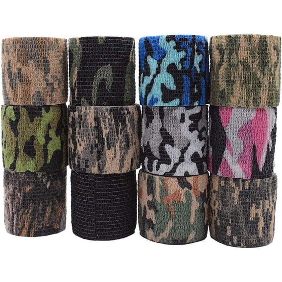 12 Rolls Self-adhesive Camo Cohesive Bandage, Non-woven Outdoor Camouflage Tapes, Medical Tape, Woodland Camo, Rifle Wrap, Self Adherent Wrap for First Aid Sports