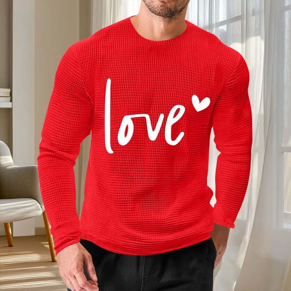 EchfiProm Mens T shirts Long Sleeve Shirts Red Waffle Valentine Basic Love Graphic Tops for Young Mens XL