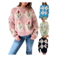 thumbnail image 3 of Hirigin Store Women's Floral Print Sweaters Vintage Long Sleeve Crew Neckline Chunky Knit Pullover Tops, 3 of 9