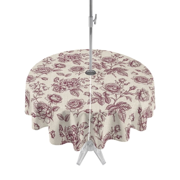 Outdoor Tablecloth with Umbrella Hole Zipper Pink Rose Round Tablecloth 60" Waterproof Outside Table Cloth Farmhouse Vintage Botanical Floral Burlap Patio Table Cover Tablecloths for Picnic Party