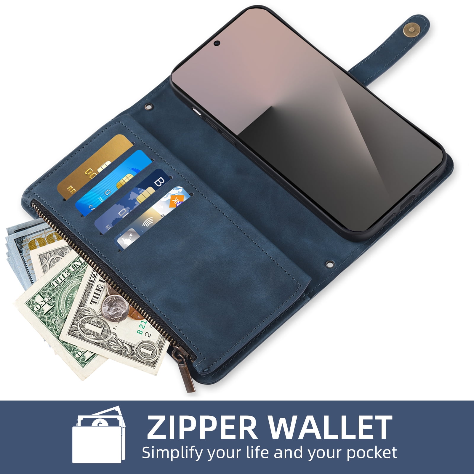 Asuwish Phone Case for Samsung Galaxy Z Fold 7 Wallet Cover Crossbody Wrist Strap Flip Pattern Zipper Credit Card Holder Stand Cell ZFold Z7 G Fold7 7Z Women Blue
