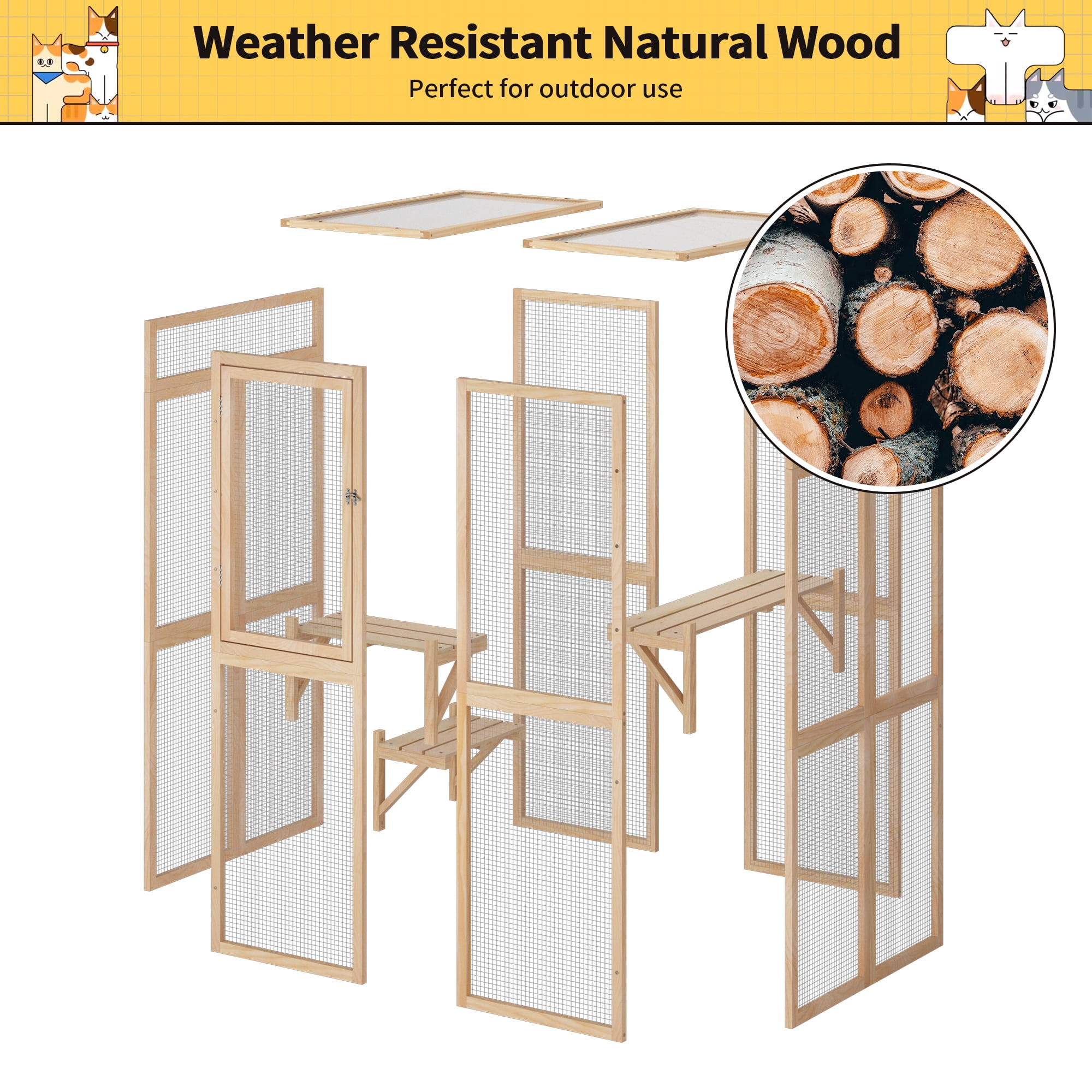 COZIWOW Catio Outdoor Cat Enclosure Window Access, Wooden Cat House Cage Indoor