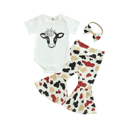 

IZhansean 3Pcs Infant Baby Girls Western Clothes Short Sleeve Cow Print T-Shirts Tops High Waist Flared Pants Outfits Beige Bull Head 12-18 Months