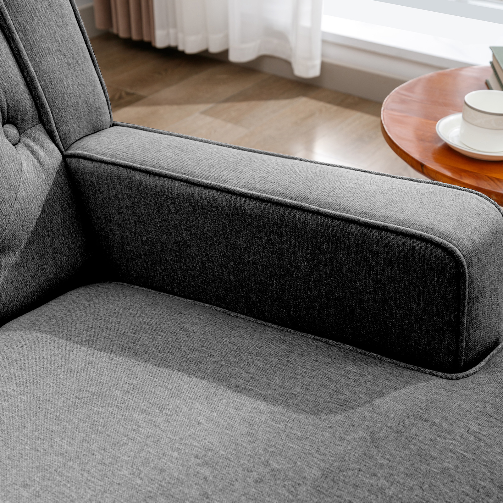 BALUS Modern Rubberwood Linen Rocking Accent Chair with Side Pocket, Dark Grey