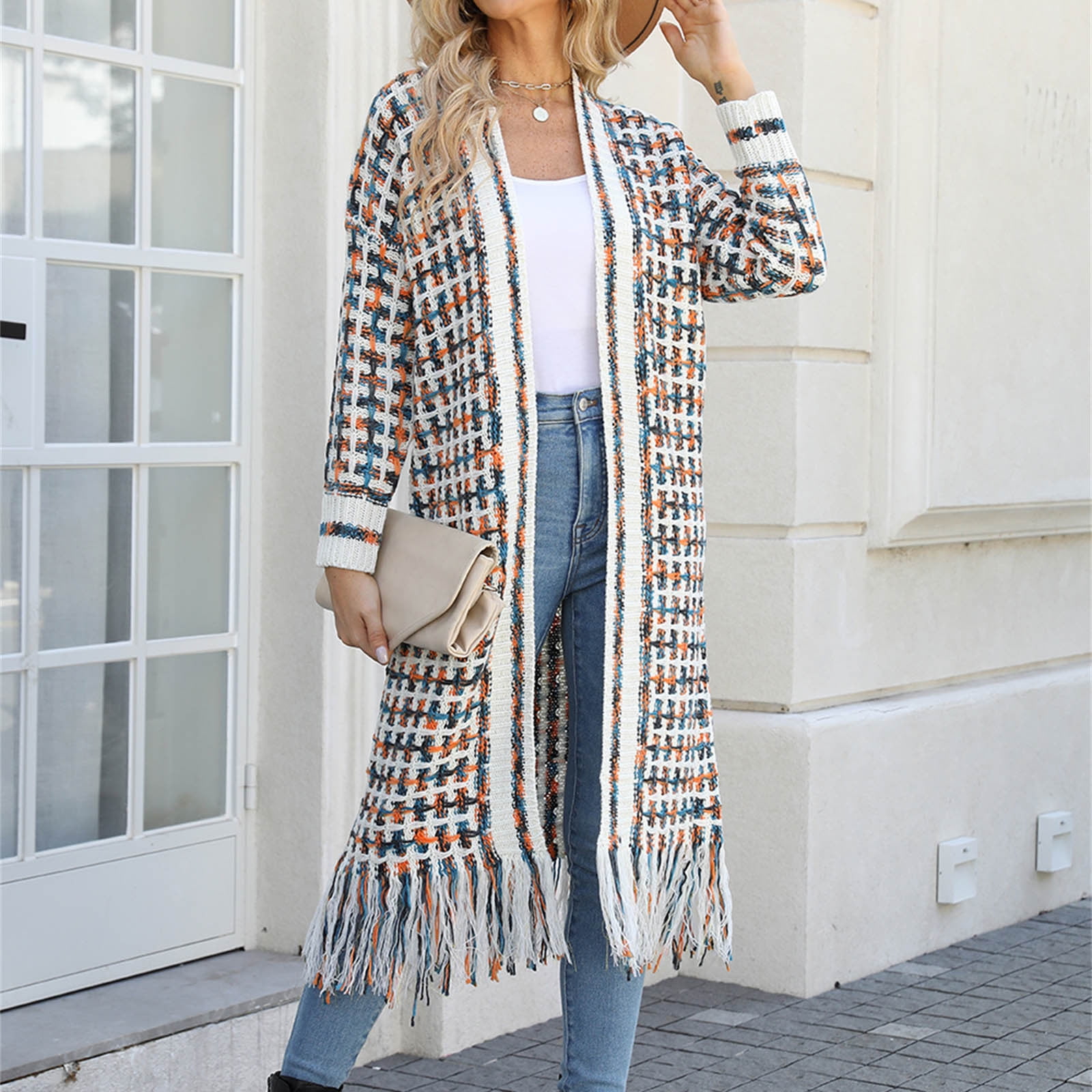 Cardigans Sweaters for Women Long Sleeve Open Front Tassels Oversized Knitted Coats Knee Length Checkered Color Block Soft Outerwear Sweater