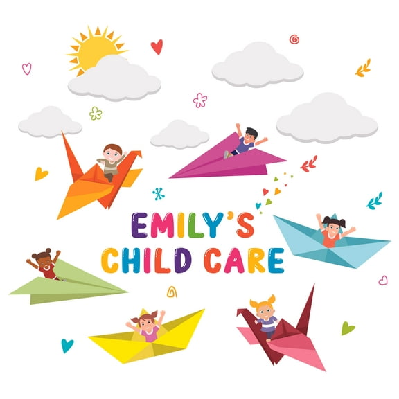 DAYCARE - Removable Origami Art And Children Decoration Customized Name Multicolored Lettering Art Vinyl Wall Decal - Kids Playroom Daycare Paper Planes Boats & Cranes Wall Decor Sticker 22" x 20"