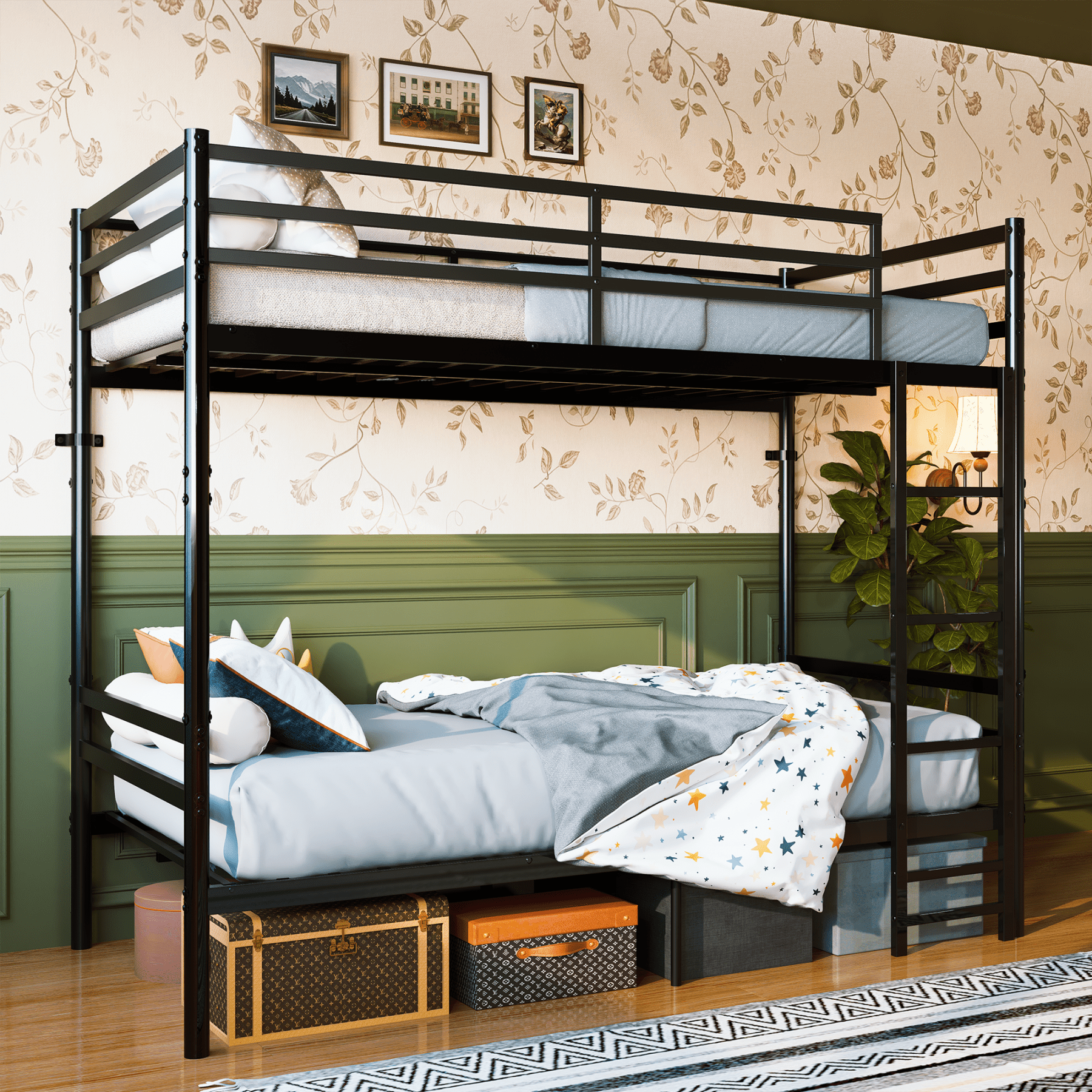 Leumius Metal Bunk Bed Twin Over Twin,13.7" High Safety Guardrail, Heavy-Duty Slats Support Up to 600LBS, Sturdy Side Ladder, Large Under Bed Storage, Convertible into 2 Separate Twin Beds,Black