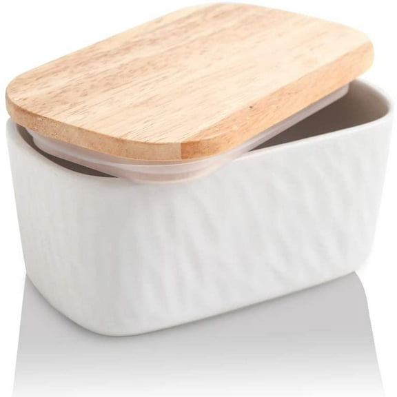 Porcelain Large Butter Dish with Lid for Countertop, Airtight Butter Container with Oak Lid, Butter Crock, Perfect for 2 Sticks of Butter, Texture Series (White)