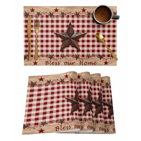 Placemats Set of 4, Country Star Farm Woven Placemat, Linen Place Mats for Kitchen/Dining Tables, Farmhouse Plaid Texas Vintage Fruit Washable Table Mats for Party