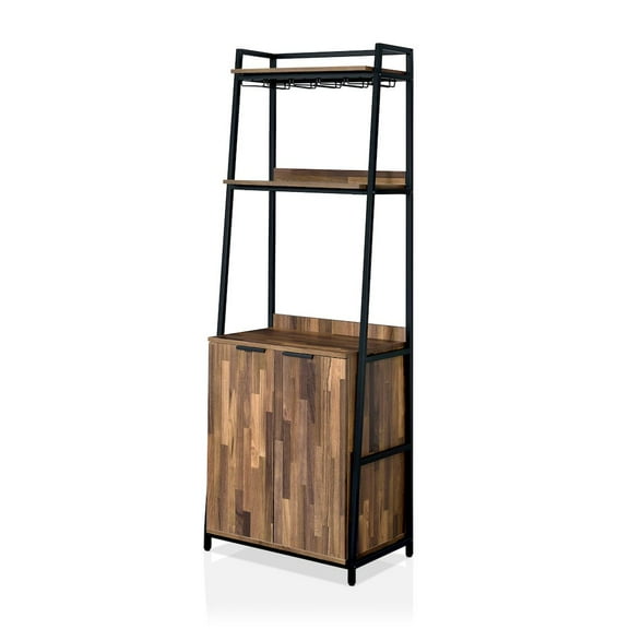 Furniture of America Bimme Rustic Metal 4-Shelf Wine Cabinet in Oak and Black