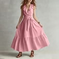 thumbnail image 3 of Women's Maxi Dress V Neck Sleeveless Ruffle Trim Tie Waist Tiered Dress Flowy Casual Summer Vacation Sundress Pink S, 3 of 6