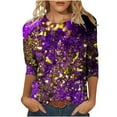 thumbnail image 2 of Aloohaidyvio Mardi Gras Shirts,Womens Mardi Gras Loose 3/4 Sleeve Blouse Mask Glitter Print Crew Neck Party T Shirt, Mardi Gras Clothing, 2 of 5