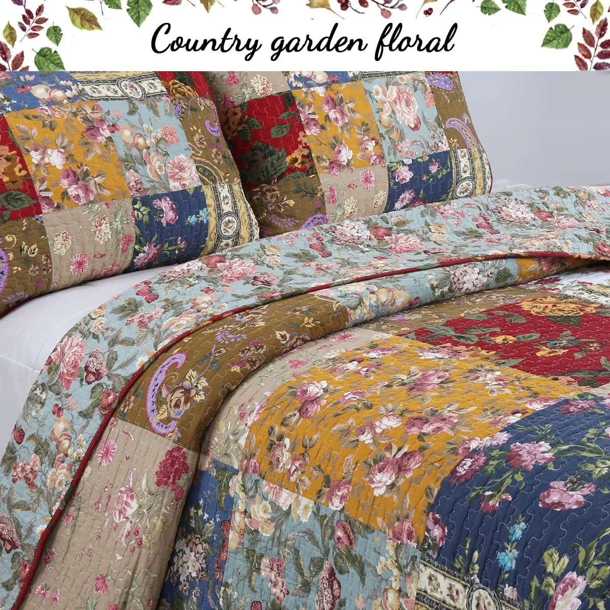 Cozy Line Home Fashions Country Floral True Patchwork 100% Cotton 3-Piece Reversible Quilt Bedding Set, King