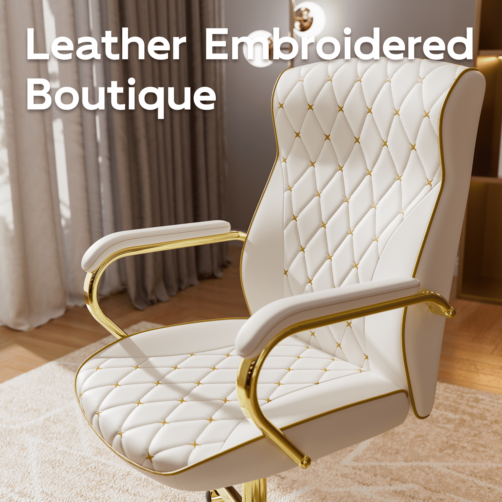 HomeZeer White and Gold Office Chair, Ergonomic High Back Executive Desk Chair with Wheels and Arms, Modern PU Leather Computer Chair with Rocking Function, White