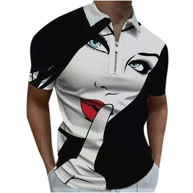 T-shirt pour Hommes à Manches Courtes T-Shirt pour Hommes à Manches Courtes Imprimé à Fermeture Éclair Col Rabattu Chandail T-Shirt Blouse