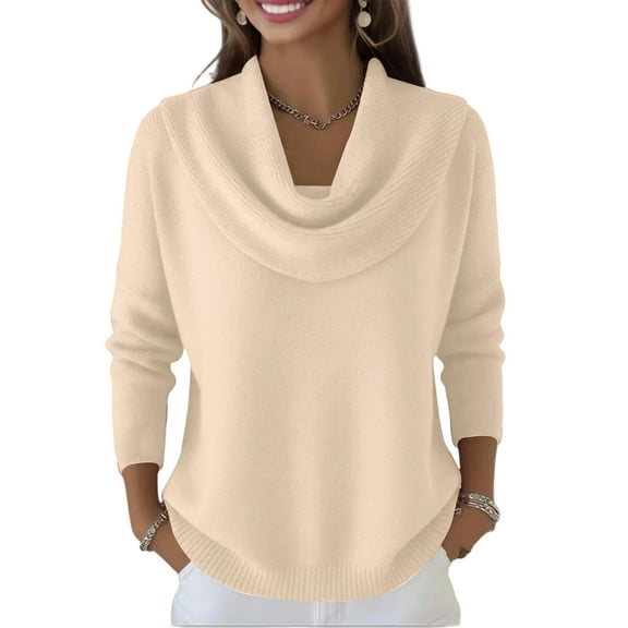 longantii Women's Cowl Neck Sweater Lightweight Solid Color Long Sleeve Knit Pullover Jumper Tops Beige XL