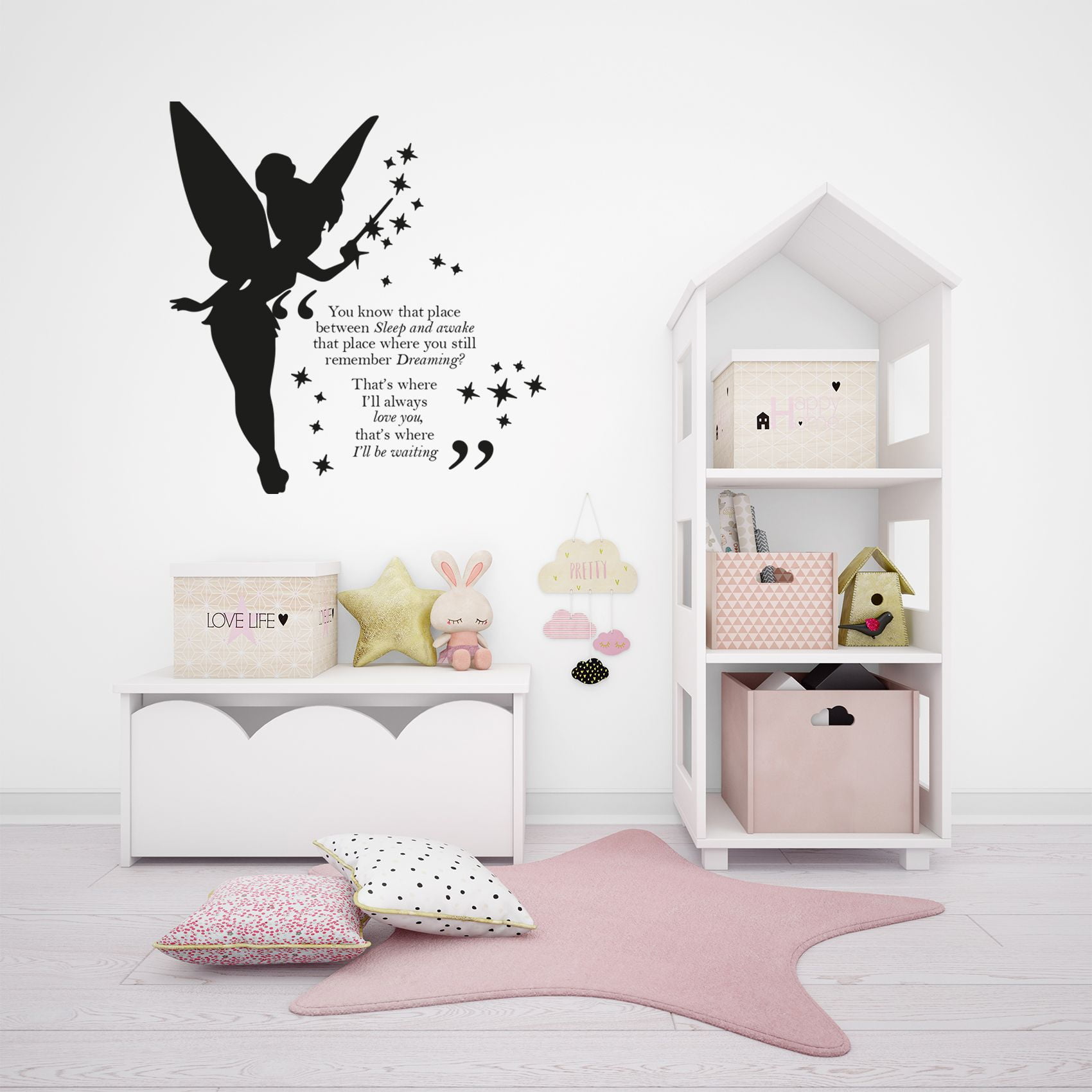 Cute Tinkerbell Silhouette - You Know That Place Between Sleep And Awake Tinkerbell Quote Vinyl Wall Art Wall Decal Wall Sticker Home Decoration Design Kids Girls Room Wall Décor Size (30x30 inch)