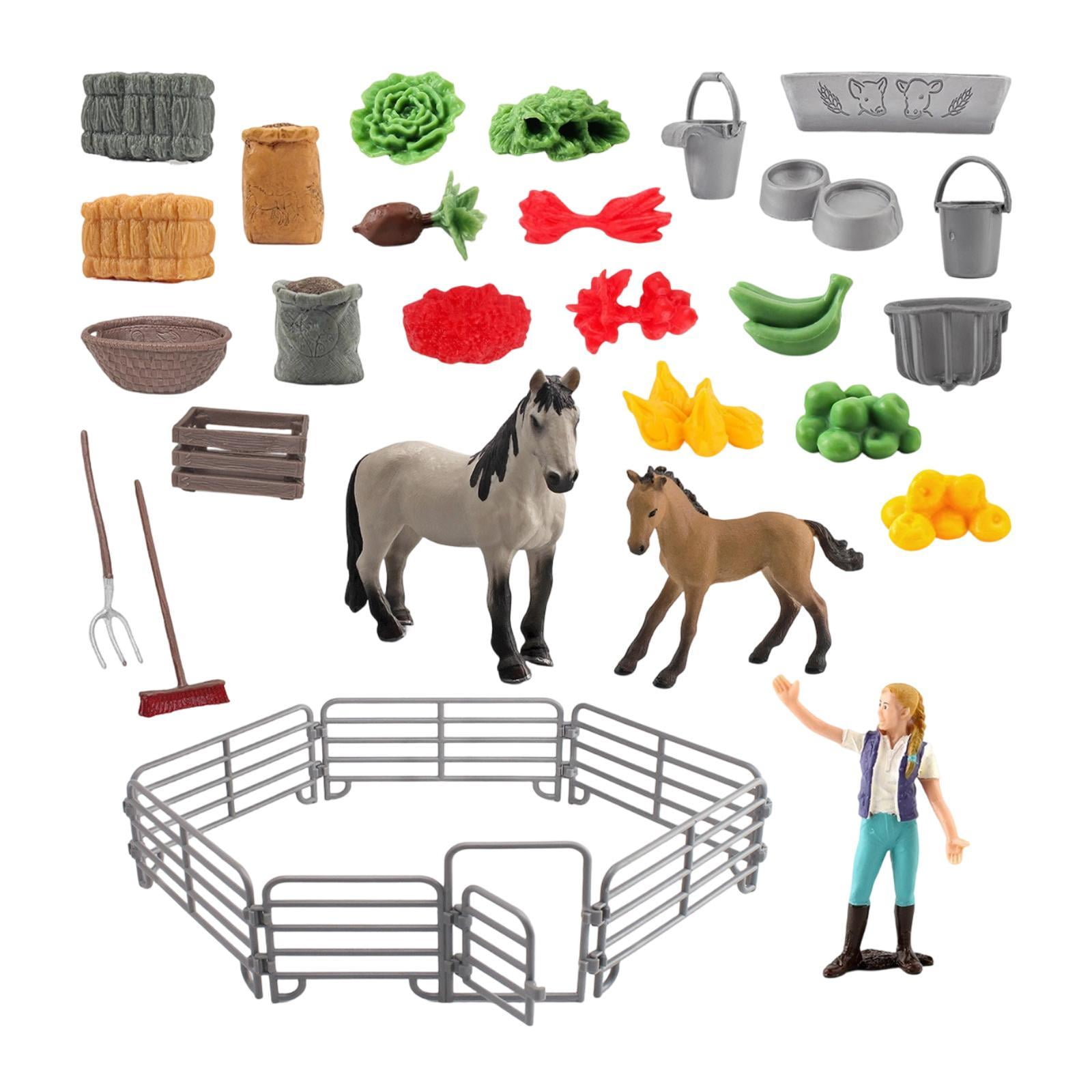 koolsoo 32 Pieces Horse Stable Playset Horseman Pretend Play Barn Fence Farm Animal Figurine Toy Set Durable PVC Material Educational Suitable for Kids Boys Girls Home Gift 10209