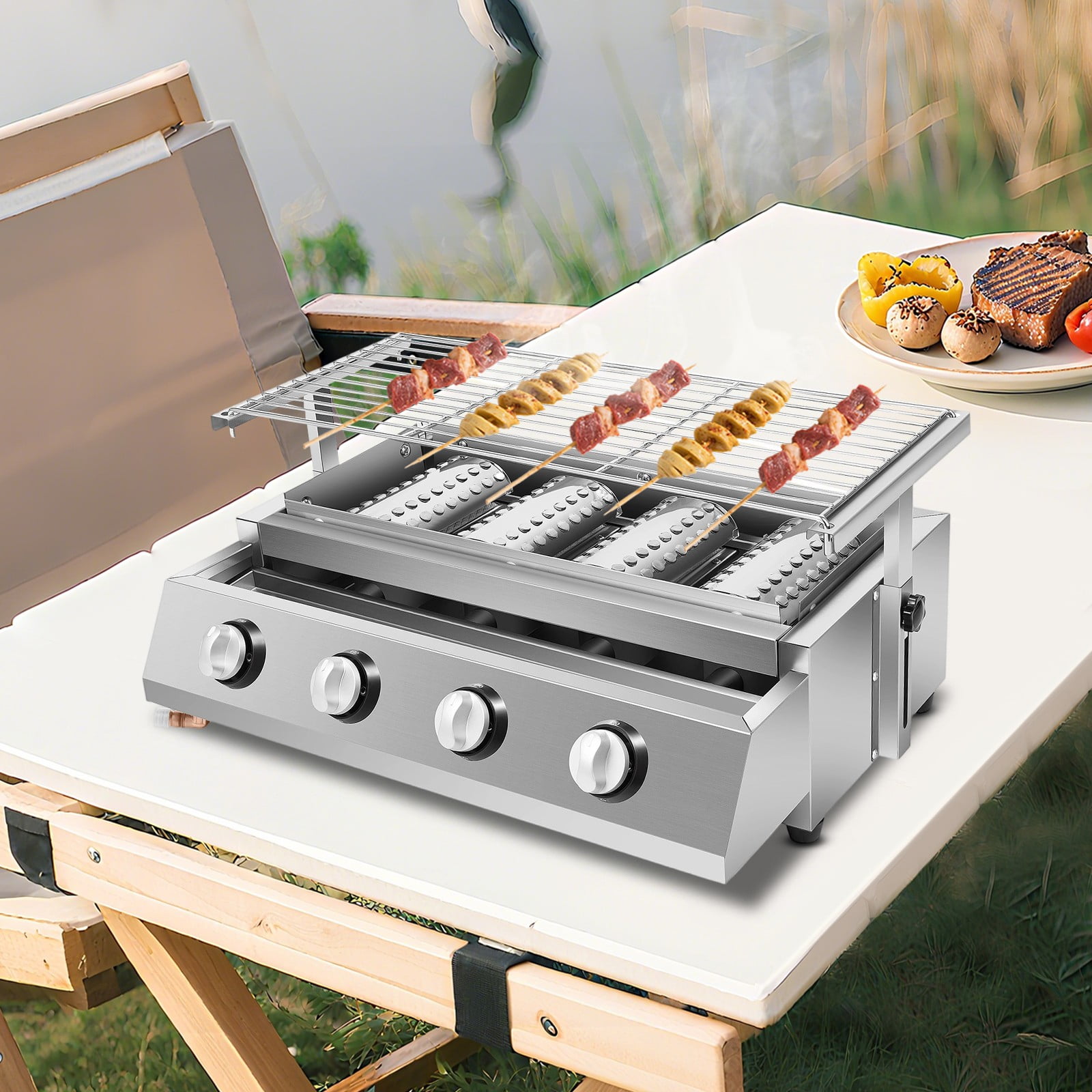 22.4*15.4*6.9 Freestanding Silver Stainless Steel Commercial Gas BBQ Grill With Steel Grilling Mesh 4 Burners