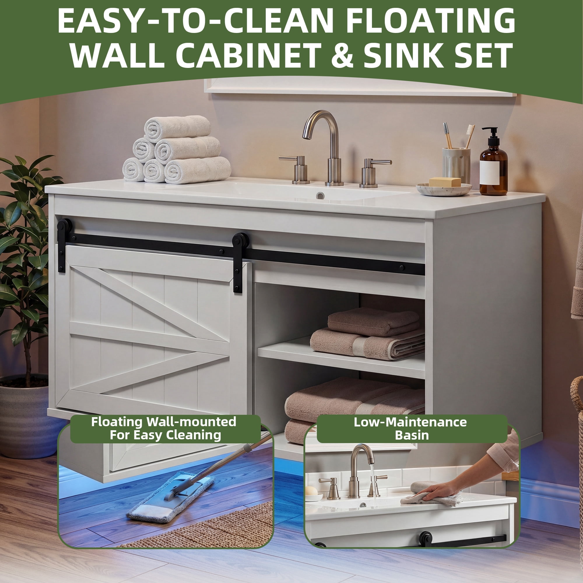 Uforic 36 Inch Farmhouse Floating Bathroom Vanity with Ceramic Sink, 7-Color LED Ambient Light for Bathroom Decor, White