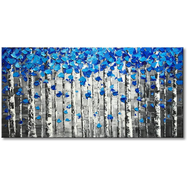 Textured Forest Abstract Canvas Wall Art Hand Painted Modern Blue Tree Oil  Painting for Decoration