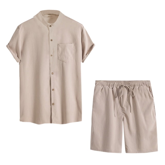 Mikilon Mens Trendy Outfits 2-Piece Set Short Sleeve Blouse Pants Solid Color Button Elastic Waist Drawstring Collar Shirt Set Fashionable Comfort Short Sleeve Lapel Set Beige 2xl