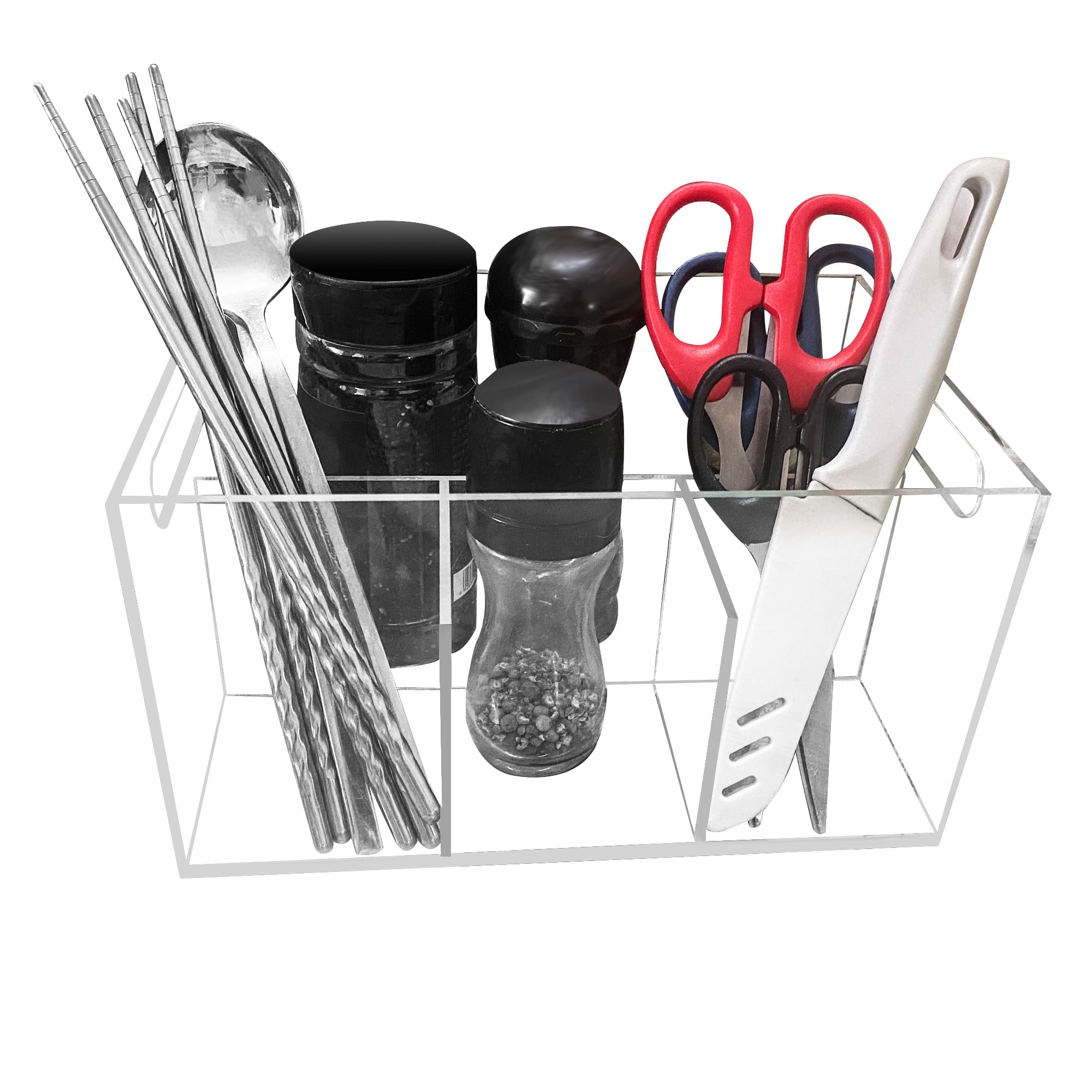 YiePhiot Acrylic Utensil Caddy RV Utensil Caddy, Silverware, Napkin Holder, and Condiment Organizer, 4 Compartments, Organizes Forks, Knives, Spoons, Plates & more, Ideal for Kitchen, Dining, Picnics