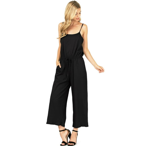 Wasabi & Mint Womens Casual Wide Leg Culotte Cami Jumpsuit USA Made (S, Black)