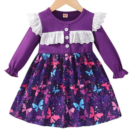 

Popshion Toddler Girls Butterfly Dress Casual Mid-length Dress Spring Fall for 2-7