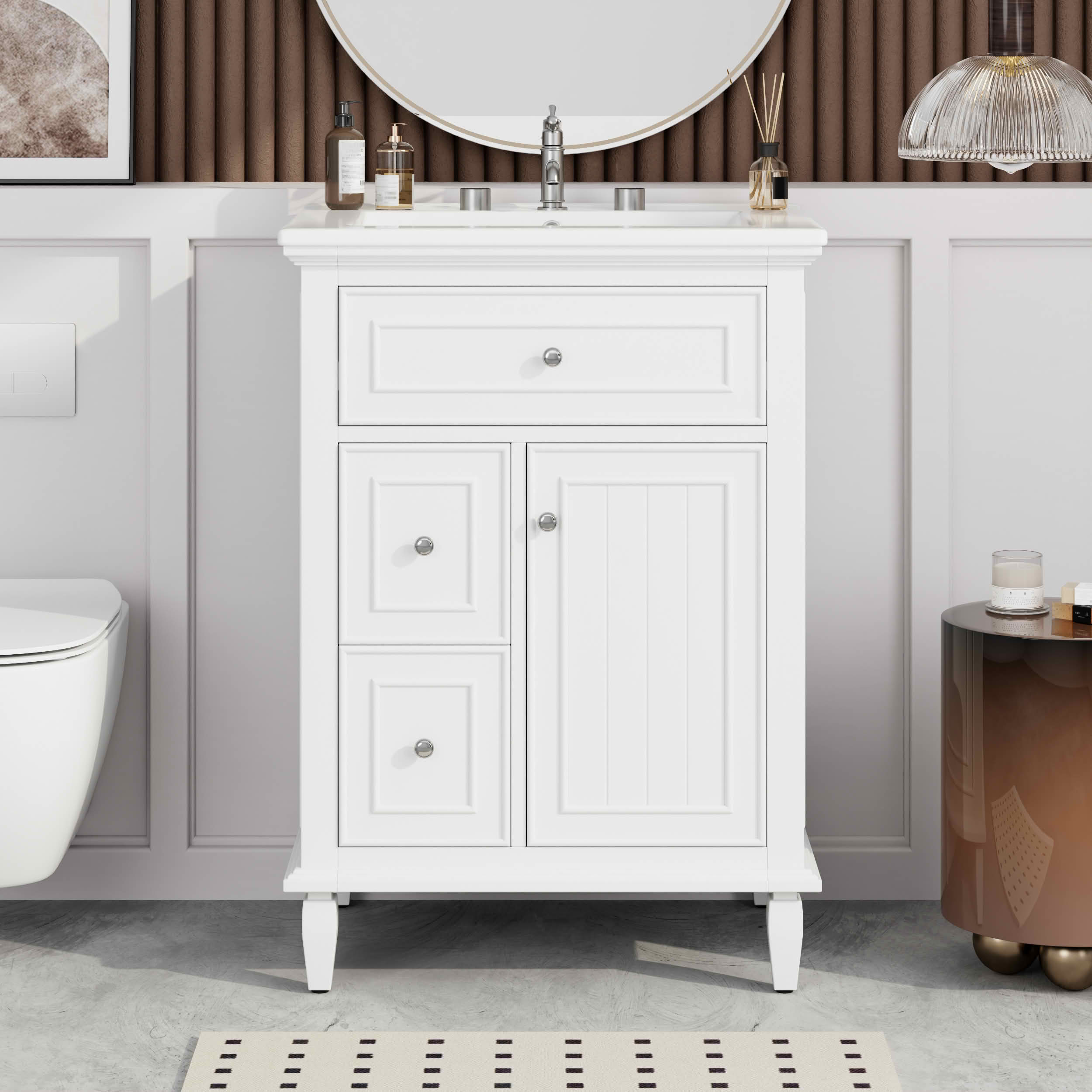 MAYEERTY 24" Bathroom Vanity with Sink, 1 Flip Drawer 2 Drawers Adjustable Shelf, Solid Wood MDF, White